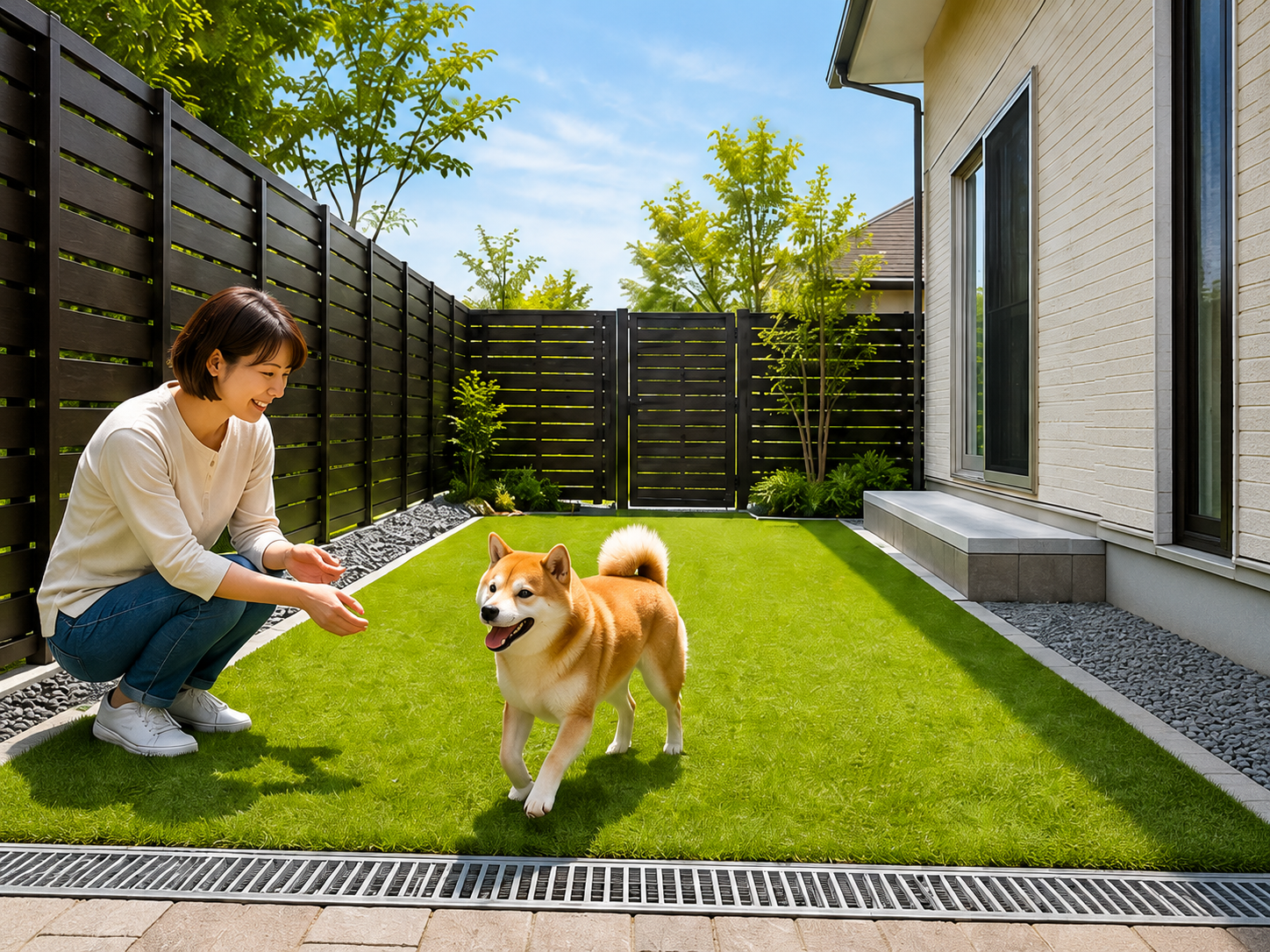 安全性と使いやすさに配慮した自宅ドッグランで愛犬と過ごす女性