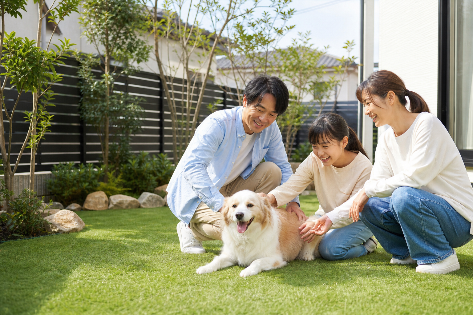 自宅の庭で愛犬と楽しく過ごす家族