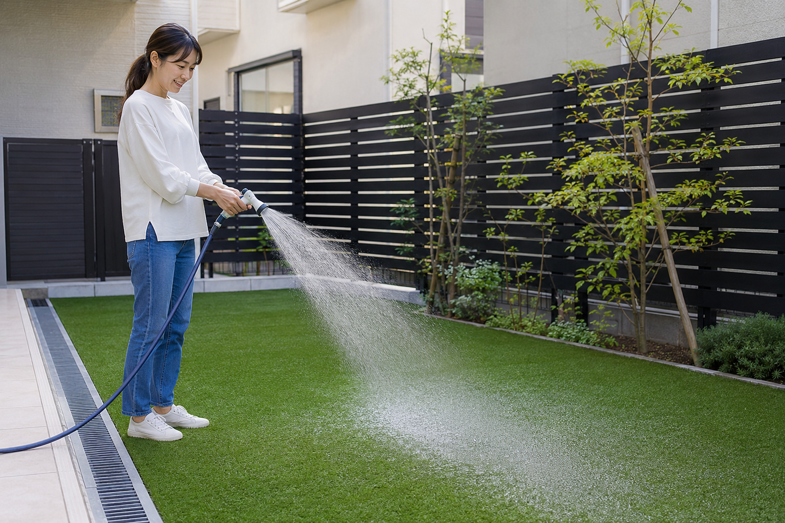 人工芝を水洗いして管理しやすいドッグラン