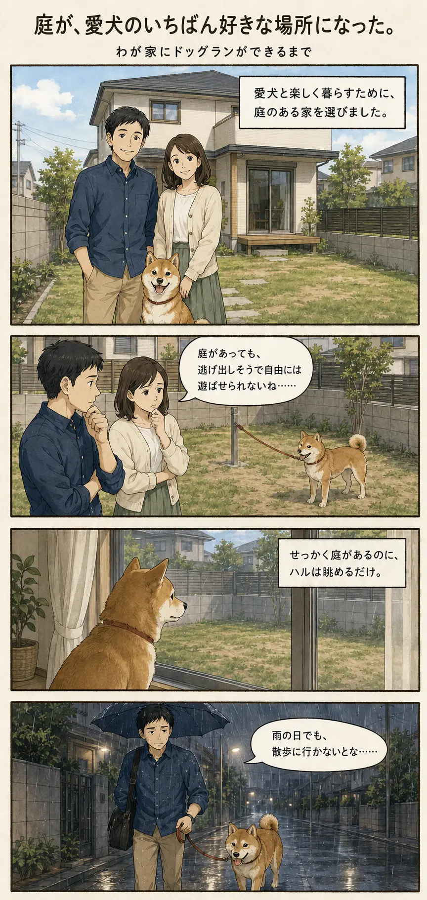 庭が愛犬のいちばん好きな場所になる物語。庭付きの家で暮らす夫婦と愛犬ハルが、自由に庭で遊べず、雨の日も散歩へ出かける様子。