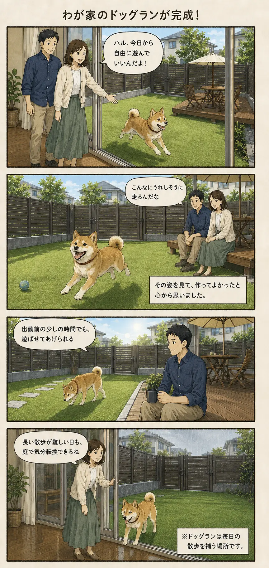 完成した自宅ドッグランを愛犬ハルが喜んで走り、家族が朝や雨の日にも庭で過ごす様子。