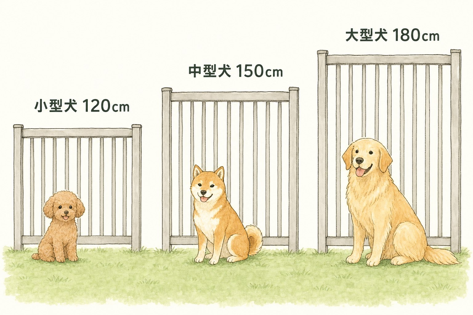 犬種別フェンス高さの目安（小型犬120cm・中型犬150cm・大型犬180cm）のイラスト