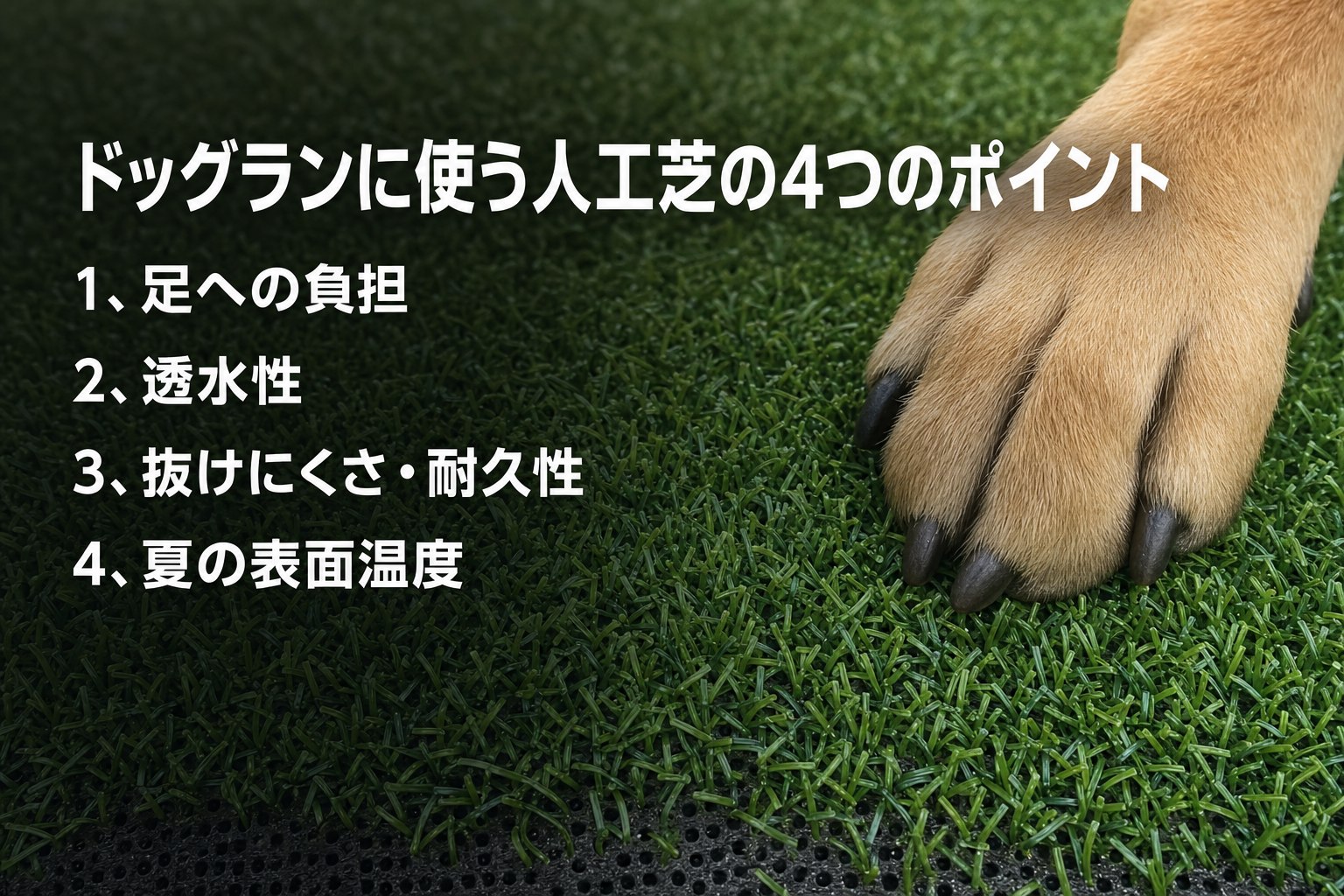 ドッグランに使う人工芝の4つのポイント（足への負担・透水性・抜けにくさと耐久性・夏の表面温度）