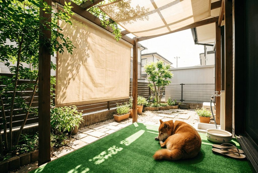 日除け付き人工芝ドッグランで休む犬