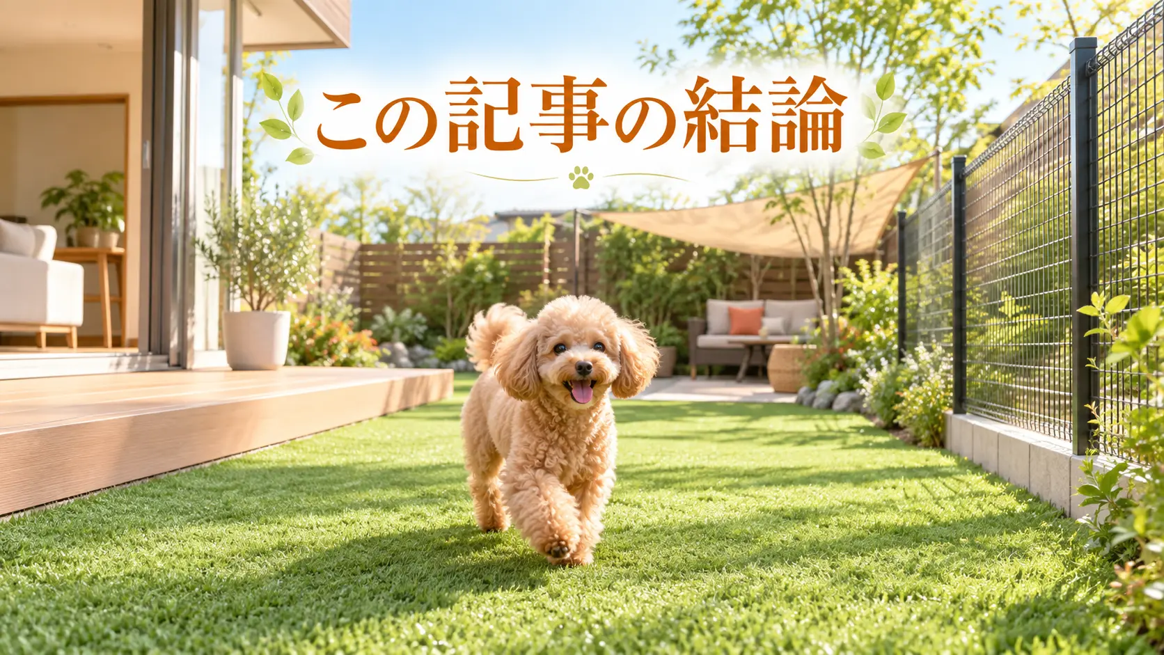 平坦な芝生とフェンスを備えた庭を走るトイプードル