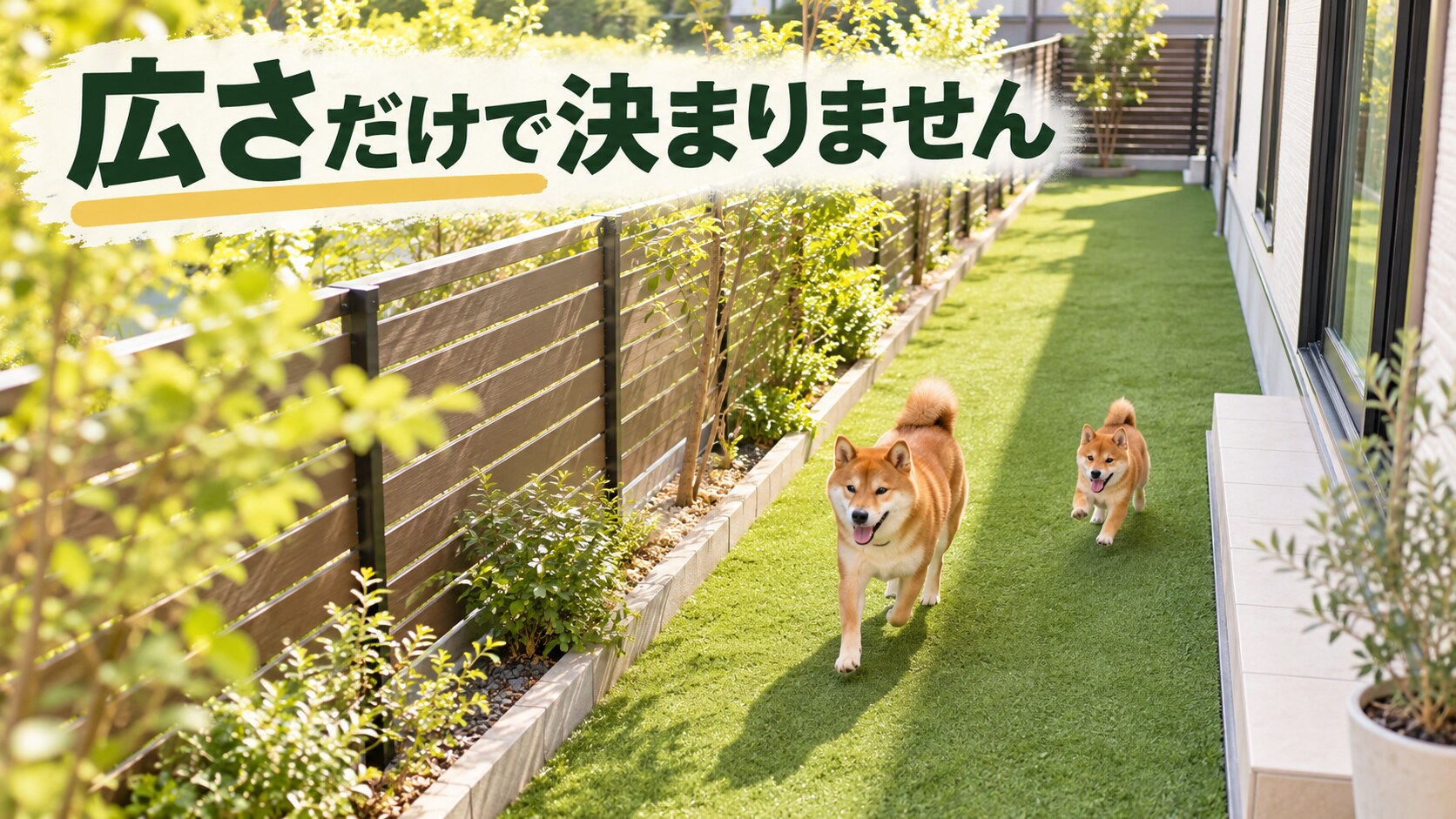 家の横の細長い芝生の通路を走る柴犬と豆柴