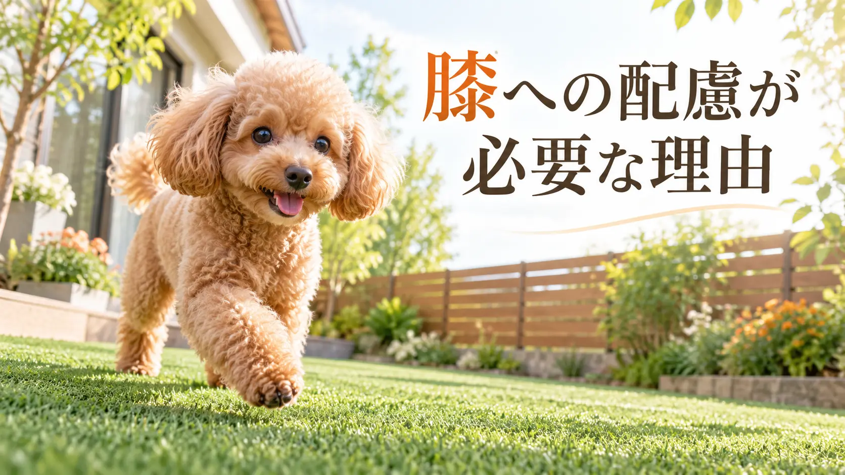 芝生の上を歩くトイプードルと膝への配慮の案内