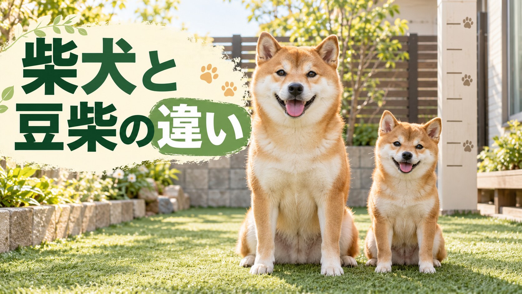 庭で並ぶ体格の異なる柴犬と豆柴