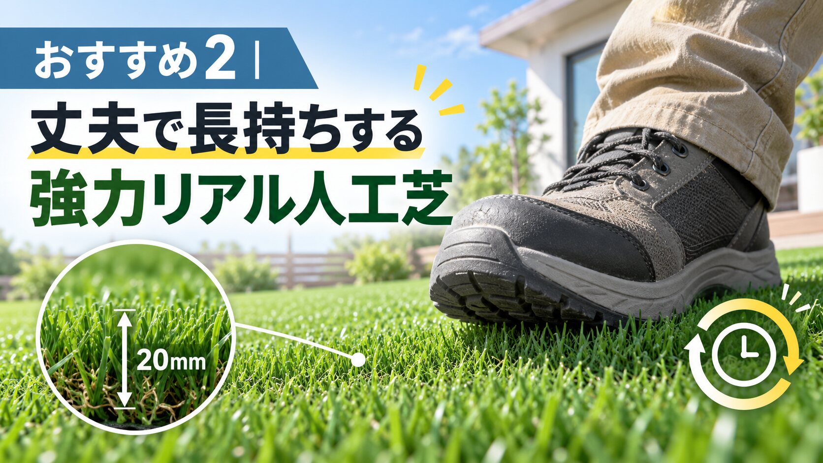おすすめ2｜丈夫で長持ちする強力リアル人工芝 1m×1m 20mm