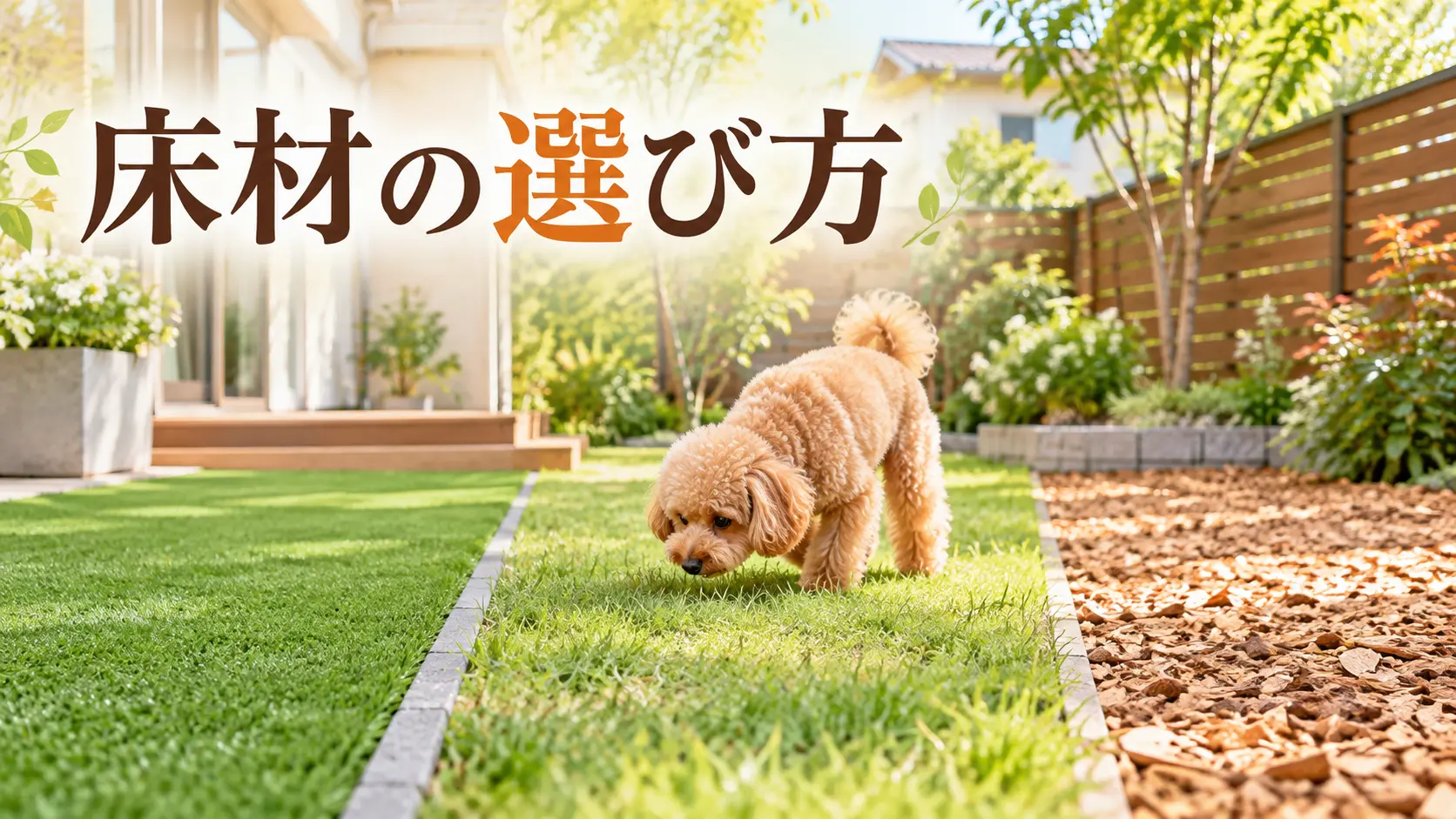 人工芝・天然芝・ウッドチップを組み合わせた庭とトイプードル