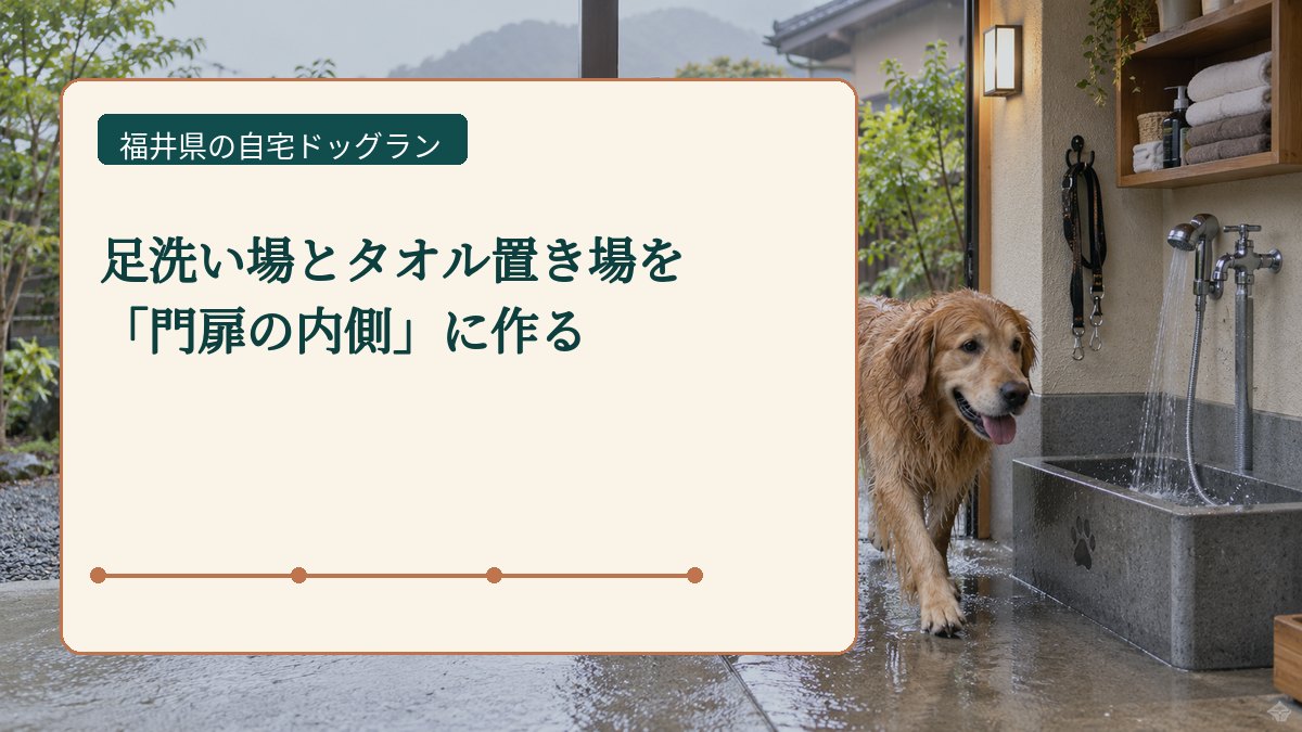 足洗い場とタオル置き場を 「門扉の内側」に作るを表した福井県の自宅ドッグラン画像