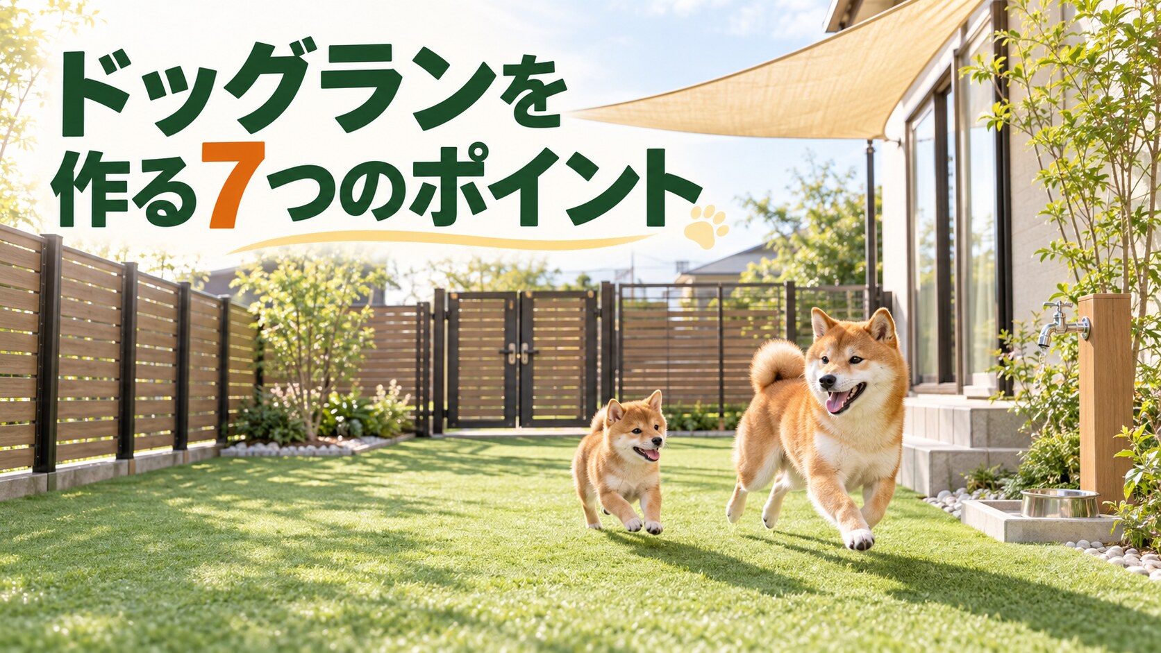 フェンスと日陰を備えた庭を走る柴犬と豆柴