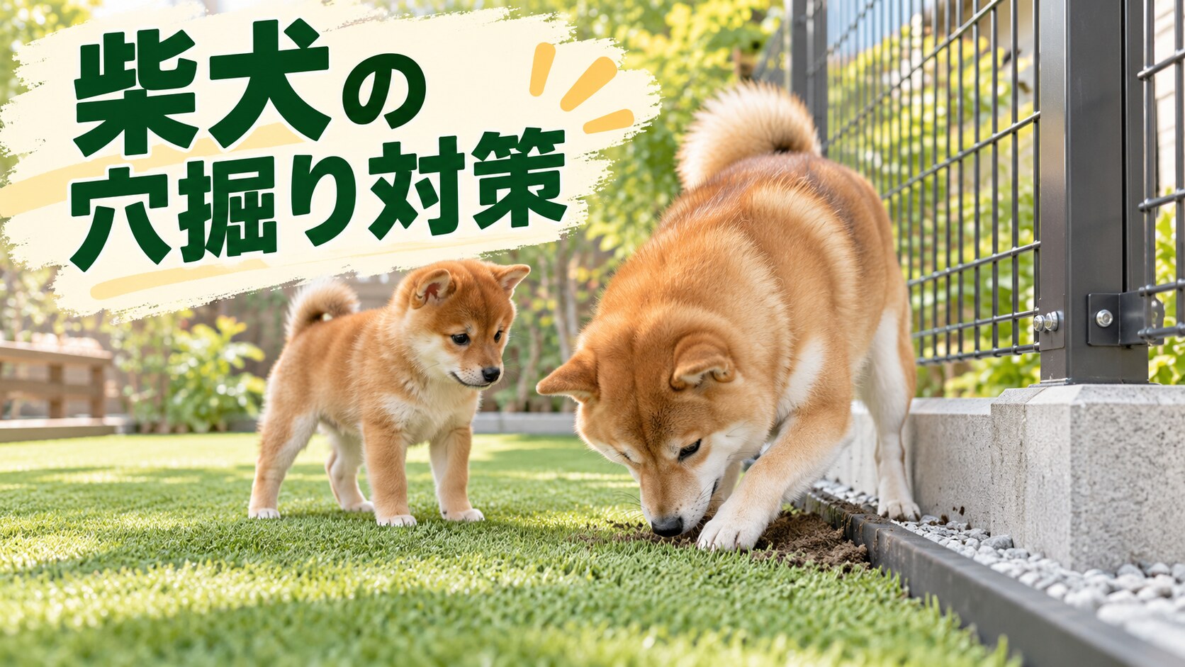 フェンス下の土を掘る柴犬と見守る豆柴