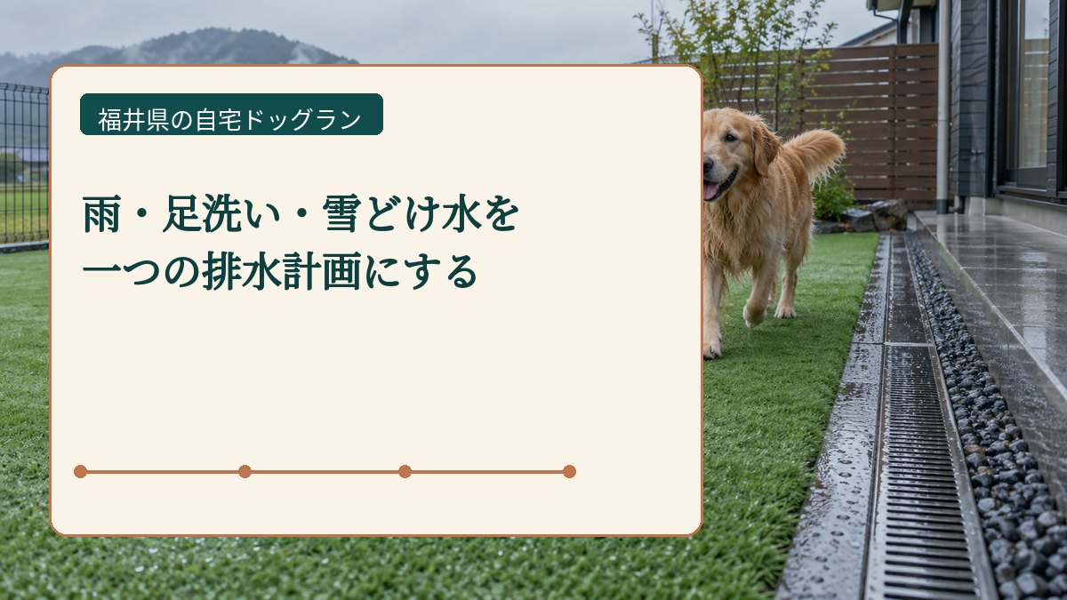雨・足洗い・雪どけ水を 一つの排水計画にするを表した福井県の自宅ドッグラン画像