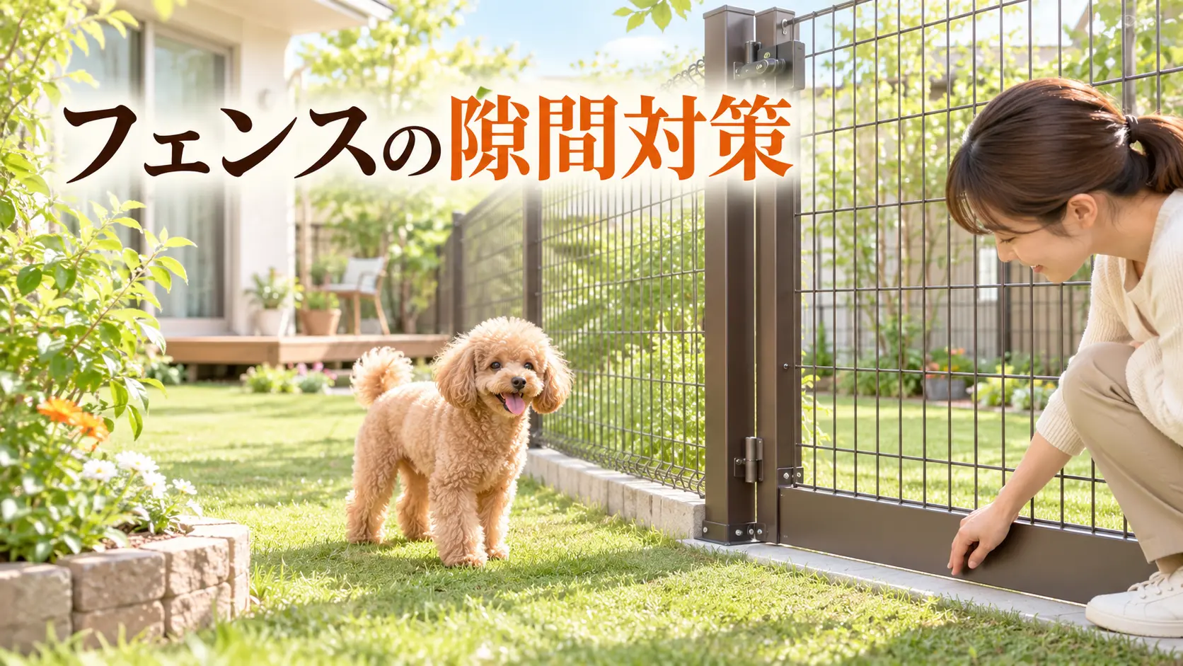トイプードルのそばで門扉下の隙間を点検する飼い主