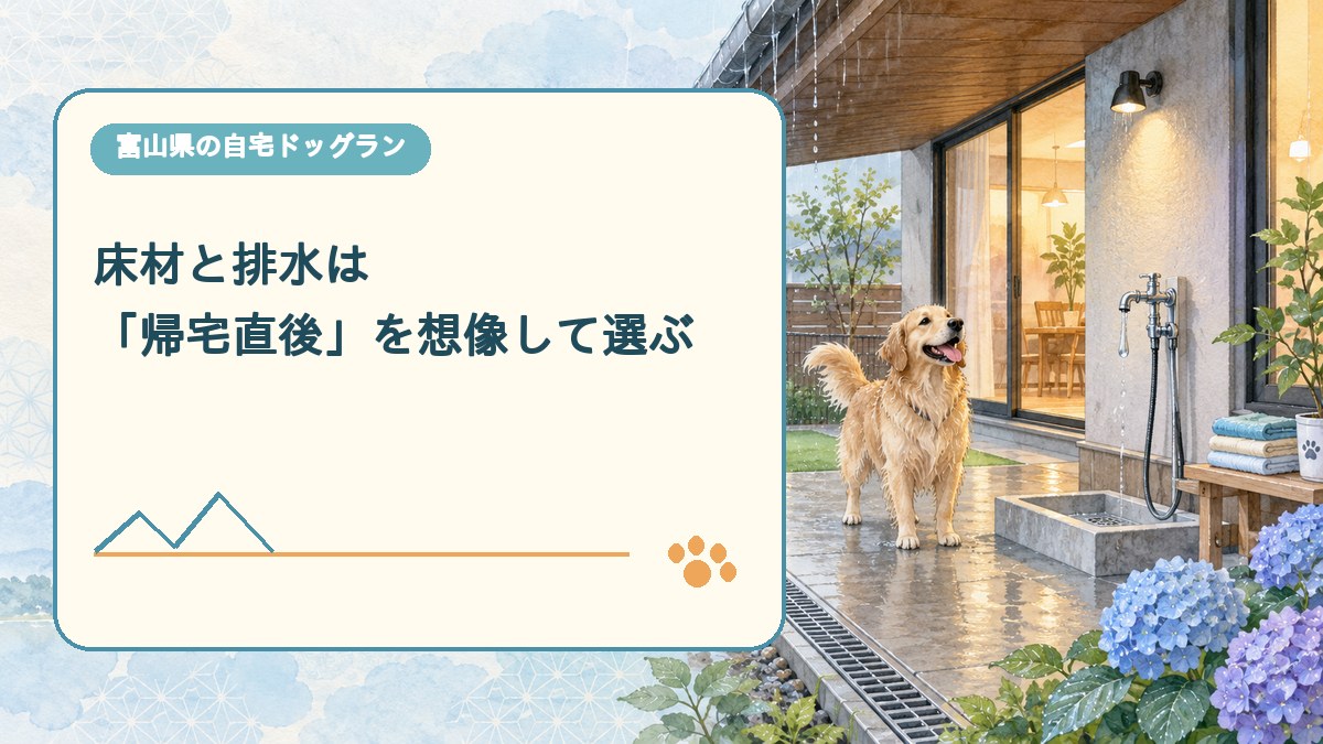 床材と排水は 「帰宅直後」を想像して選ぶを表現した可愛い富山県ドッグラン画像