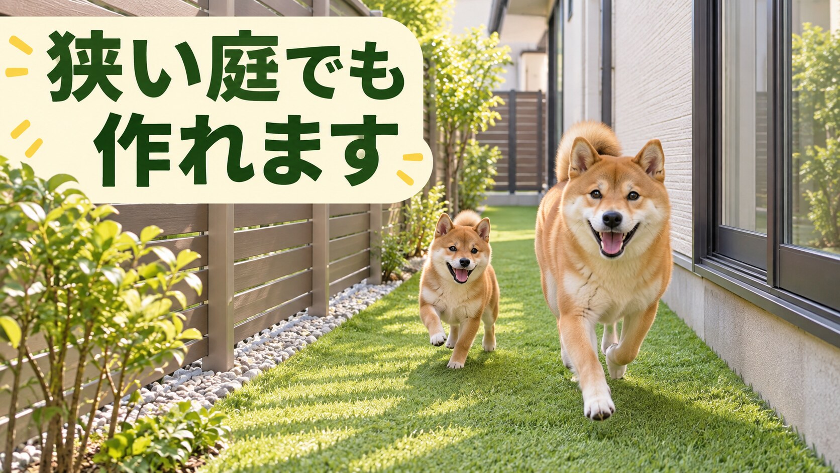 住宅脇の狭い庭を走る柴犬と豆柴