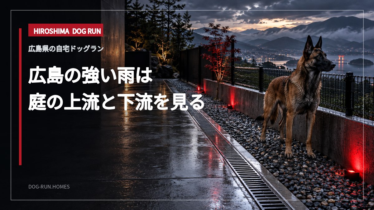 広島の強い雨は 庭の上流と下流を見る