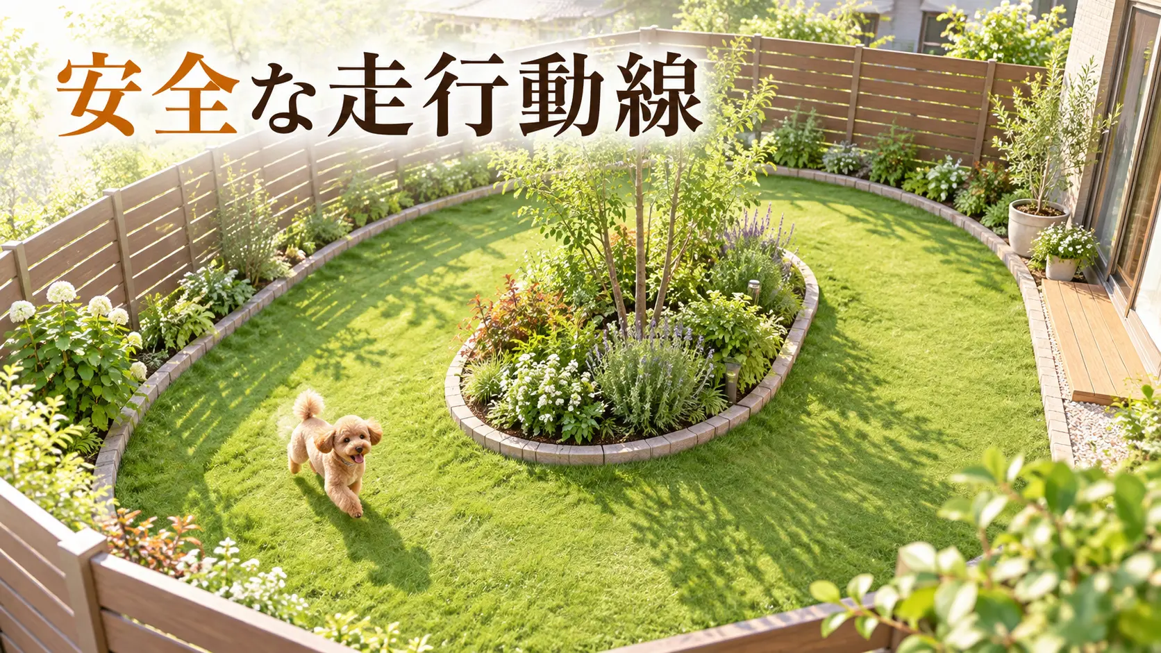 植栽の周囲を回遊できる芝生の動線とトイプードル