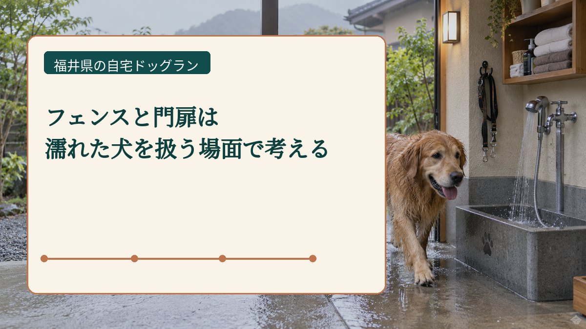 フェンスと門扉は 濡れた犬を扱う場面で考えるを表した福井県の自宅ドッグラン画像