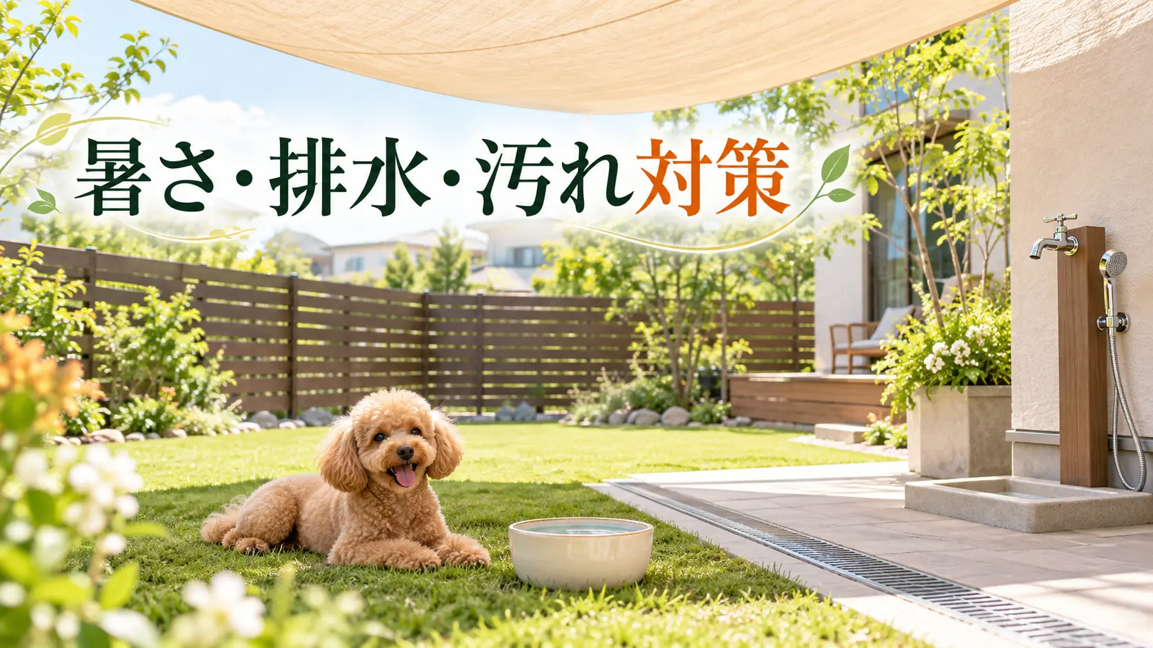 シェードの日陰と水飲み場・足洗い場を備えた庭のトイプードル