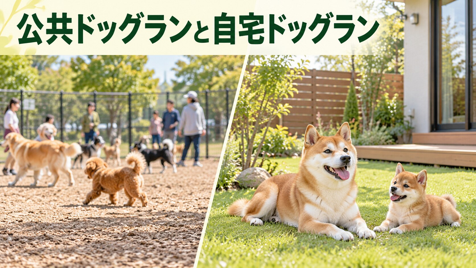 複数の犬が集まる公共ドッグランと自宅の庭で休む柴犬の比較