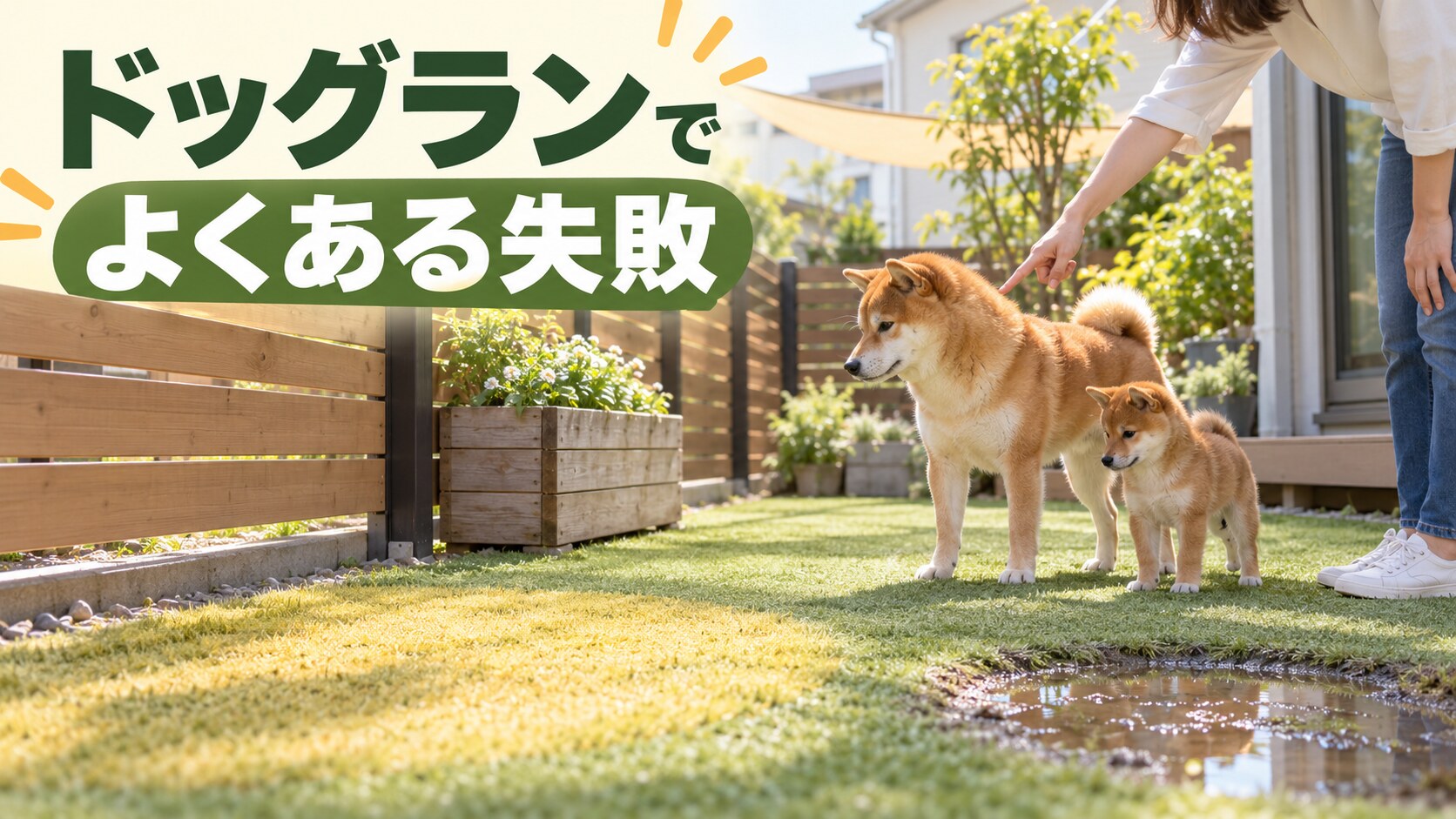 水たまりとフェンス周辺を確認する飼い主と柴犬