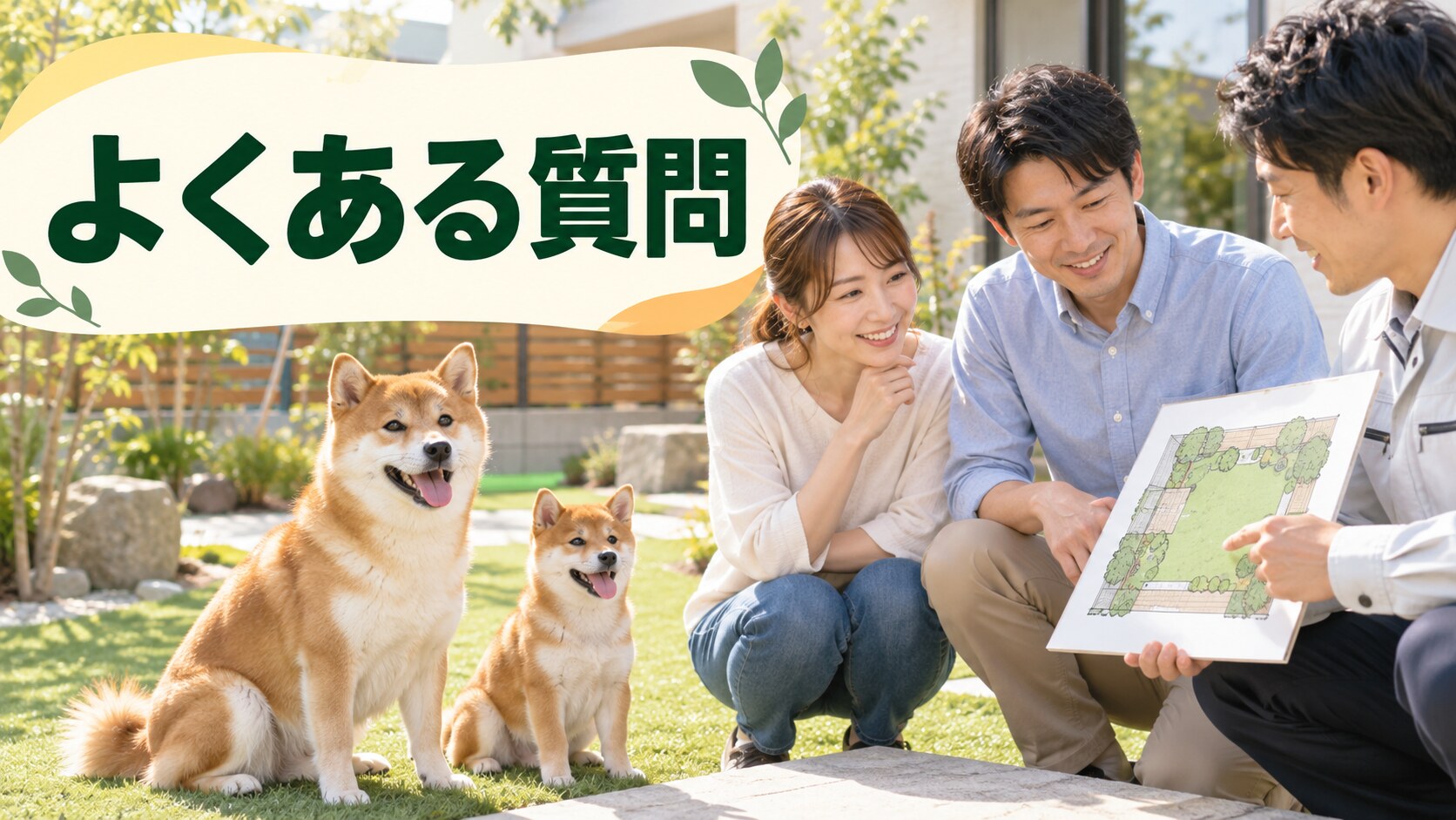 庭の図面を見ながら施工について相談する家族と柴犬・豆柴