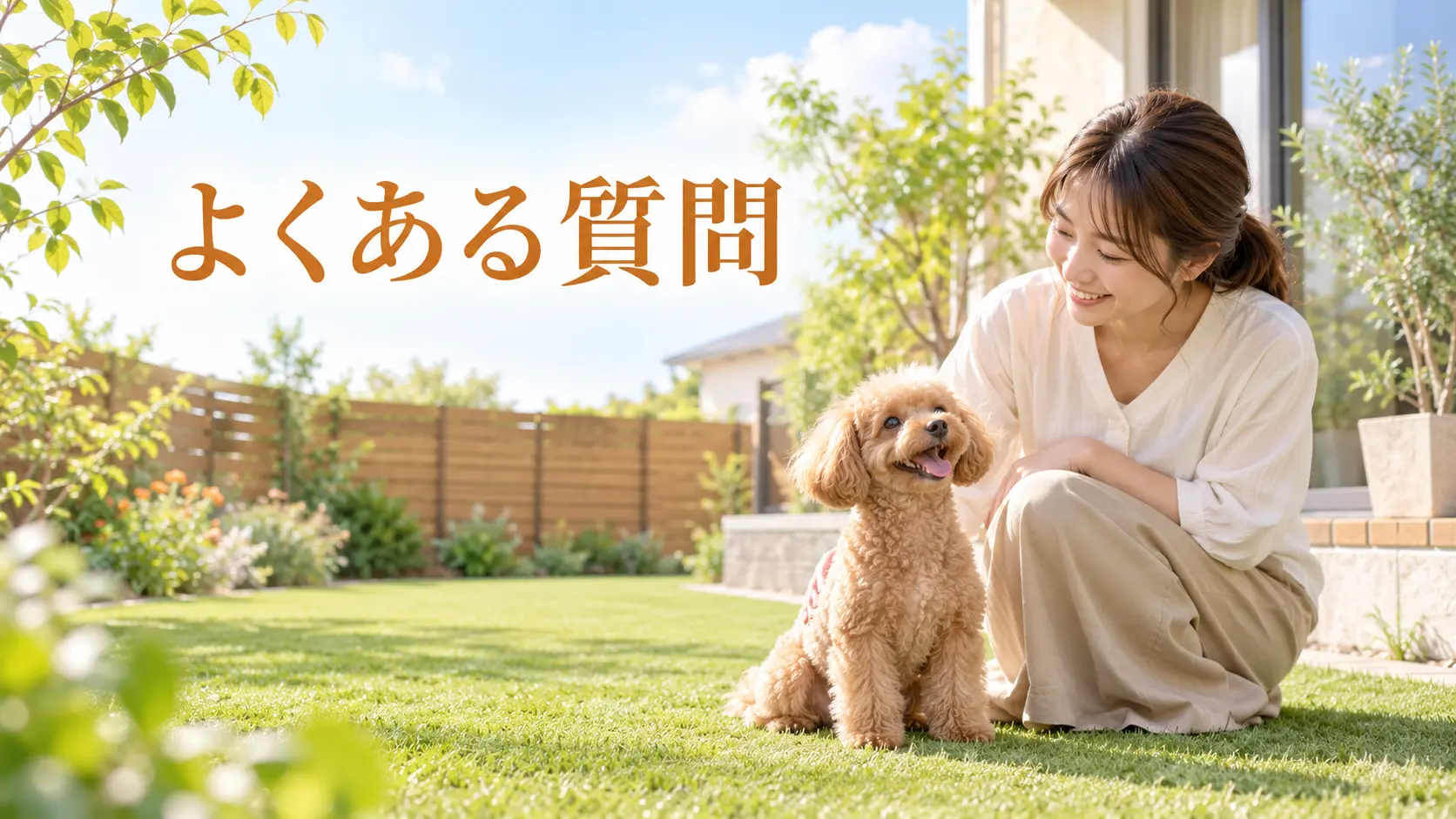 芝生の庭でトイプードルに寄り添う飼い主