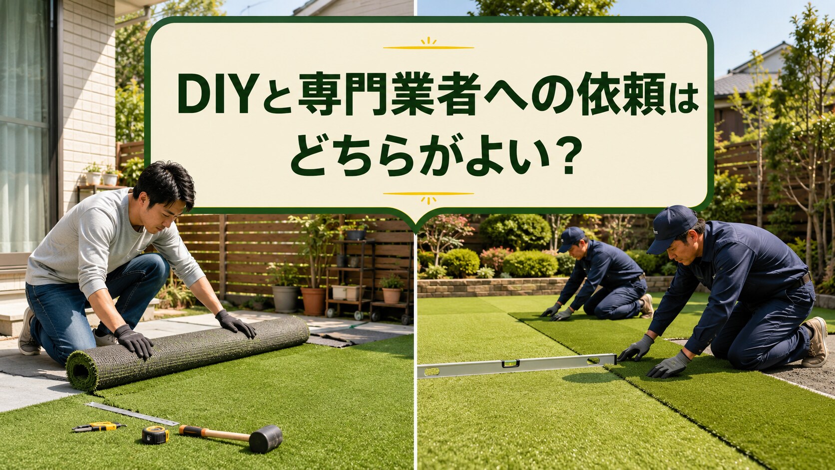 人工芝施工のDIYと専門業者の比較