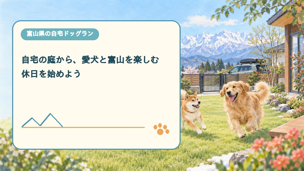 自宅の庭から、愛犬と富山を楽しむ 休日を始めようを表現した可愛い富山県ドッグラン画像