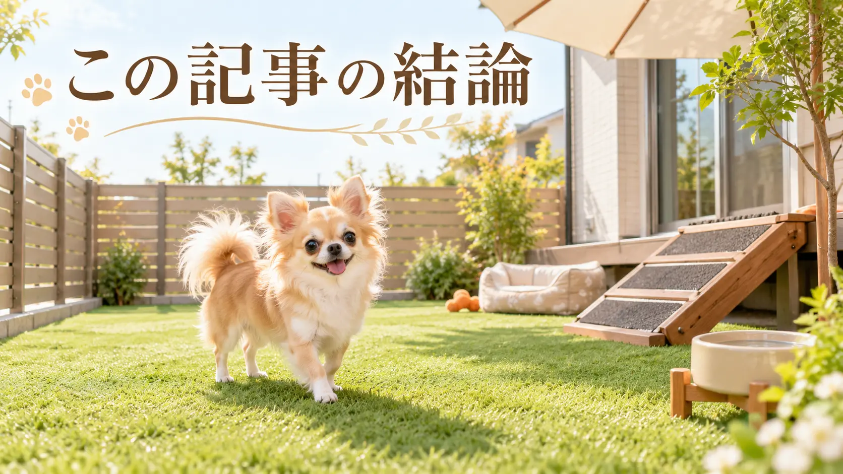 フェンスに囲まれた平坦な芝生の庭を歩くチワワ