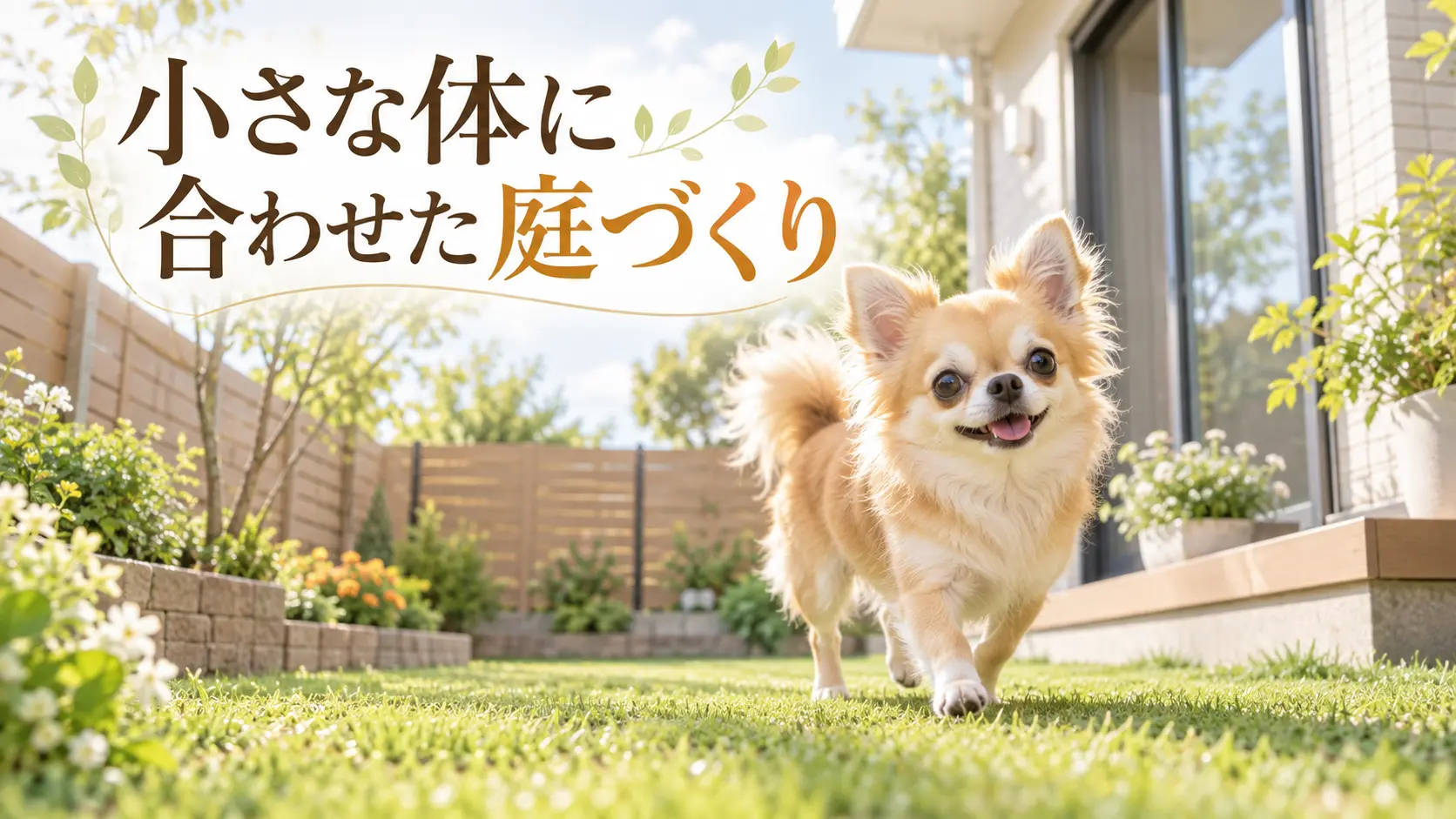 小さな体に合わせた庭の通路を歩くチワワ