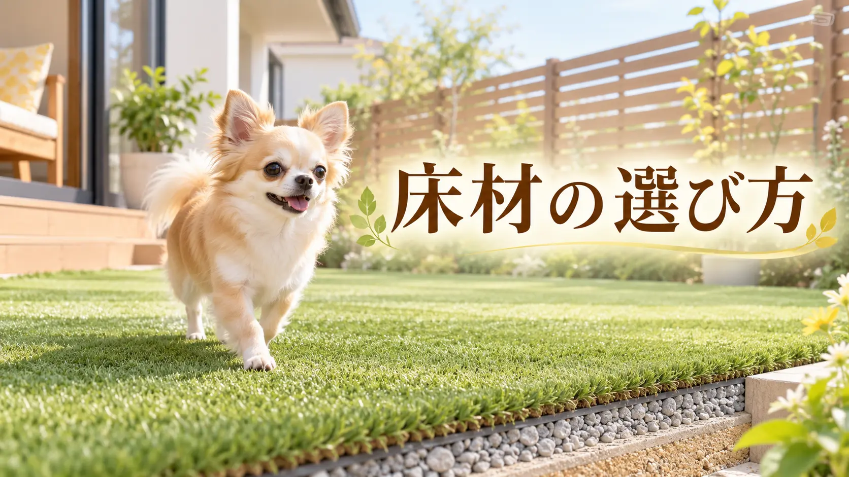 人工芝と通路の境目を歩くチワワ