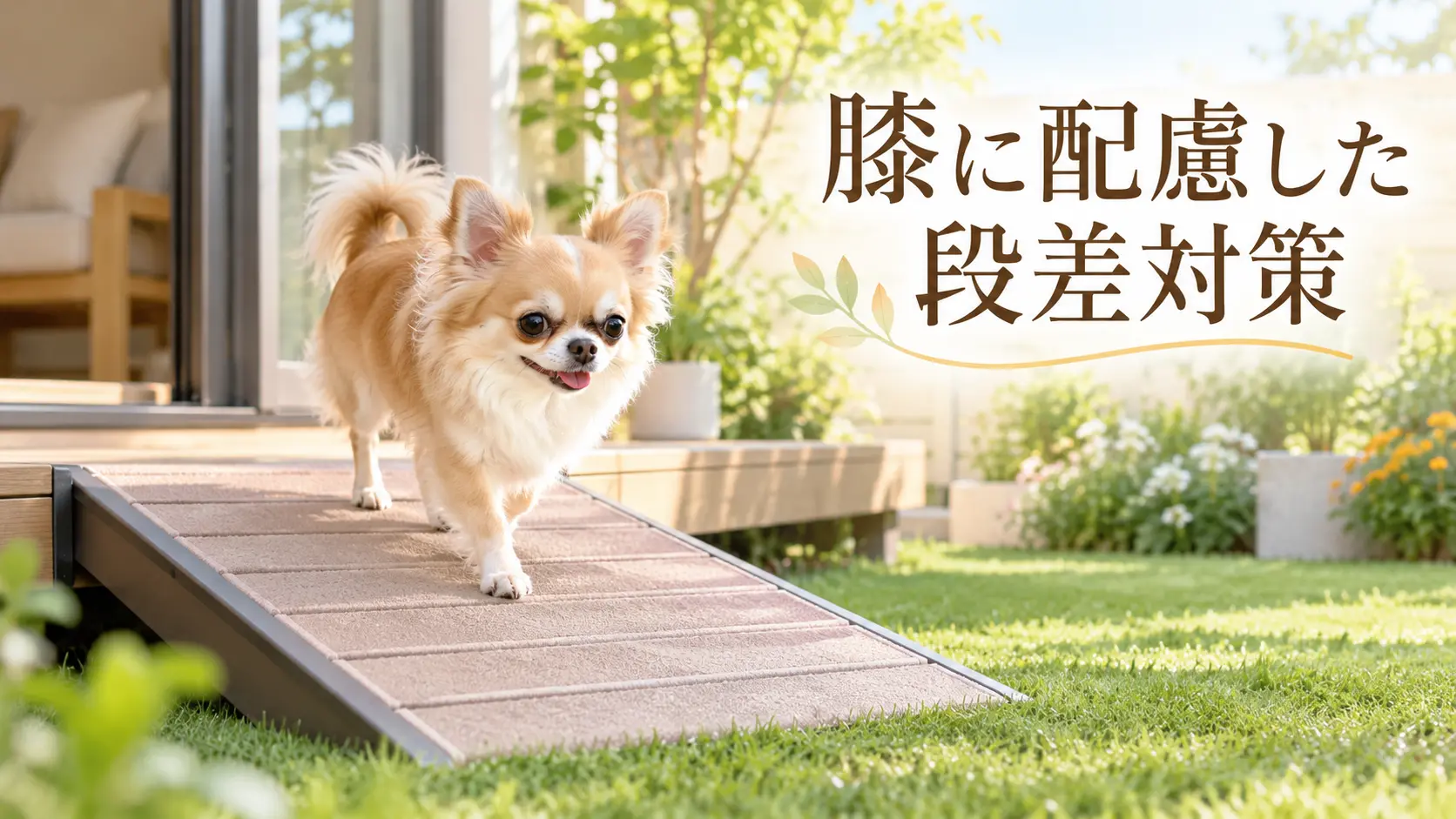 デッキから緩やかなスロープを下りるチワワ