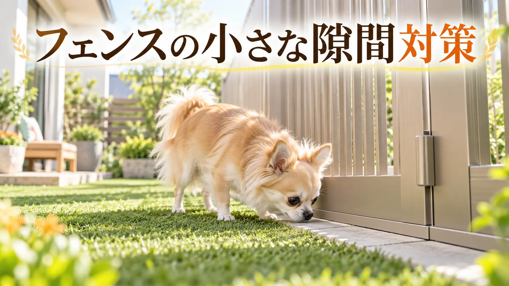 門扉の下端と地際の隙間を確認するチワワ