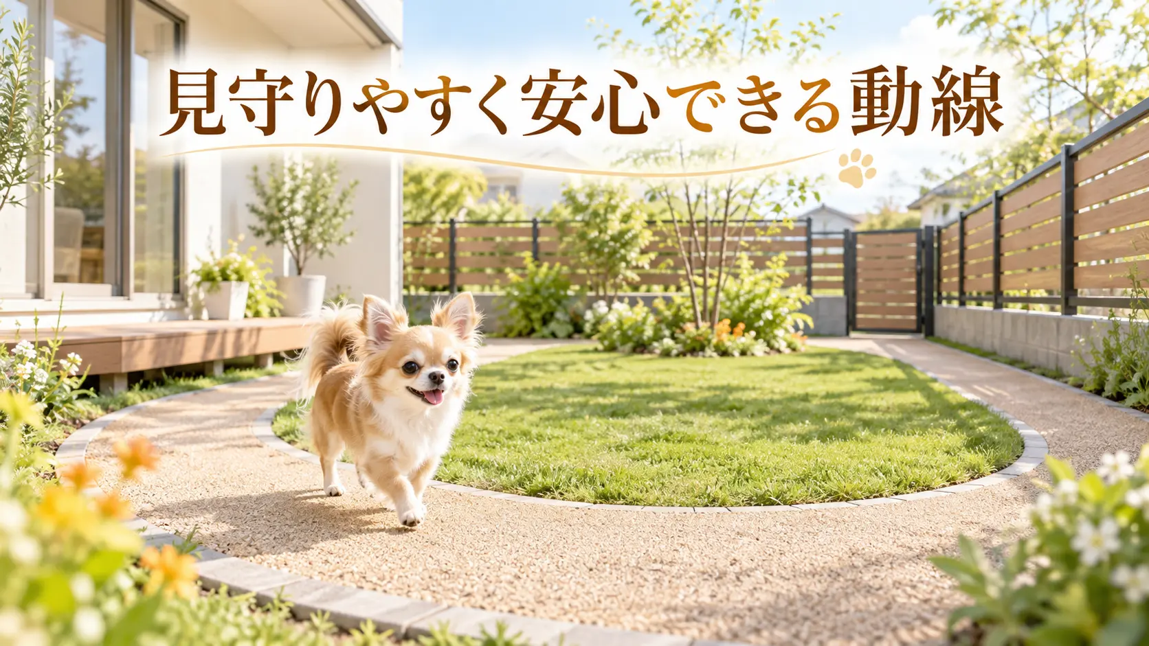 見通しのよい庭の回遊路を歩くチワワ