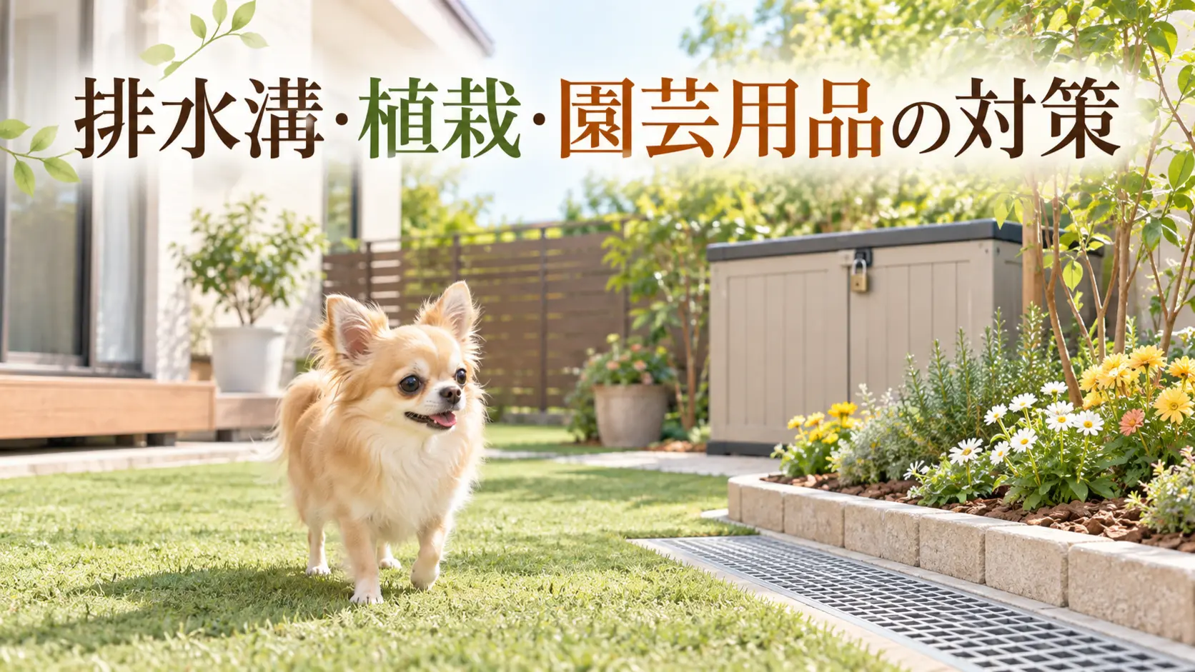 排水溝と収納を備えた庭にいるチワワ