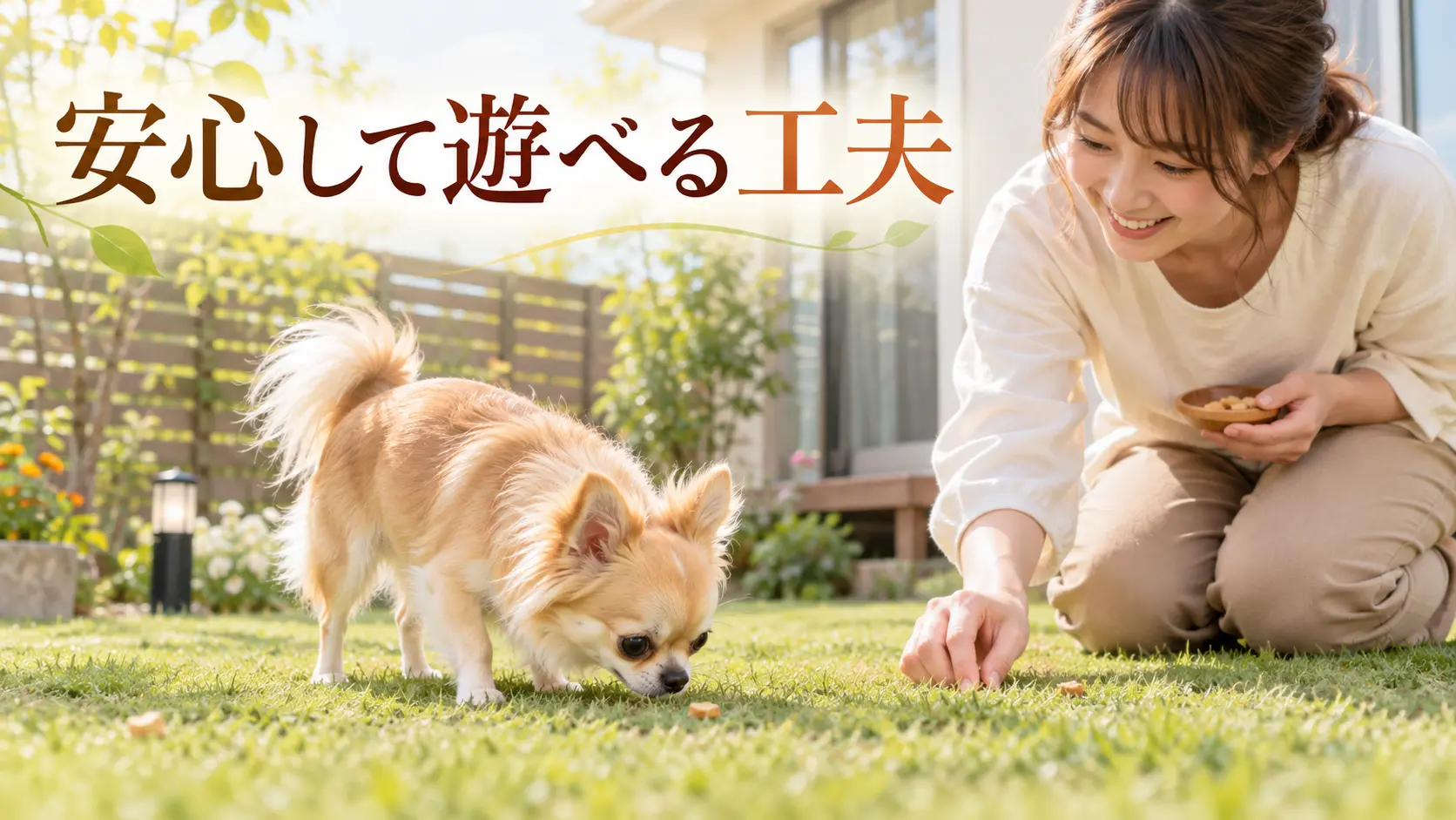 飼い主と芝生で匂い探しを楽しむチワワ