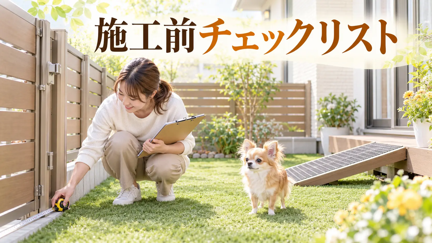 チワワと一緒にフェンスの地際を点検する飼い主
