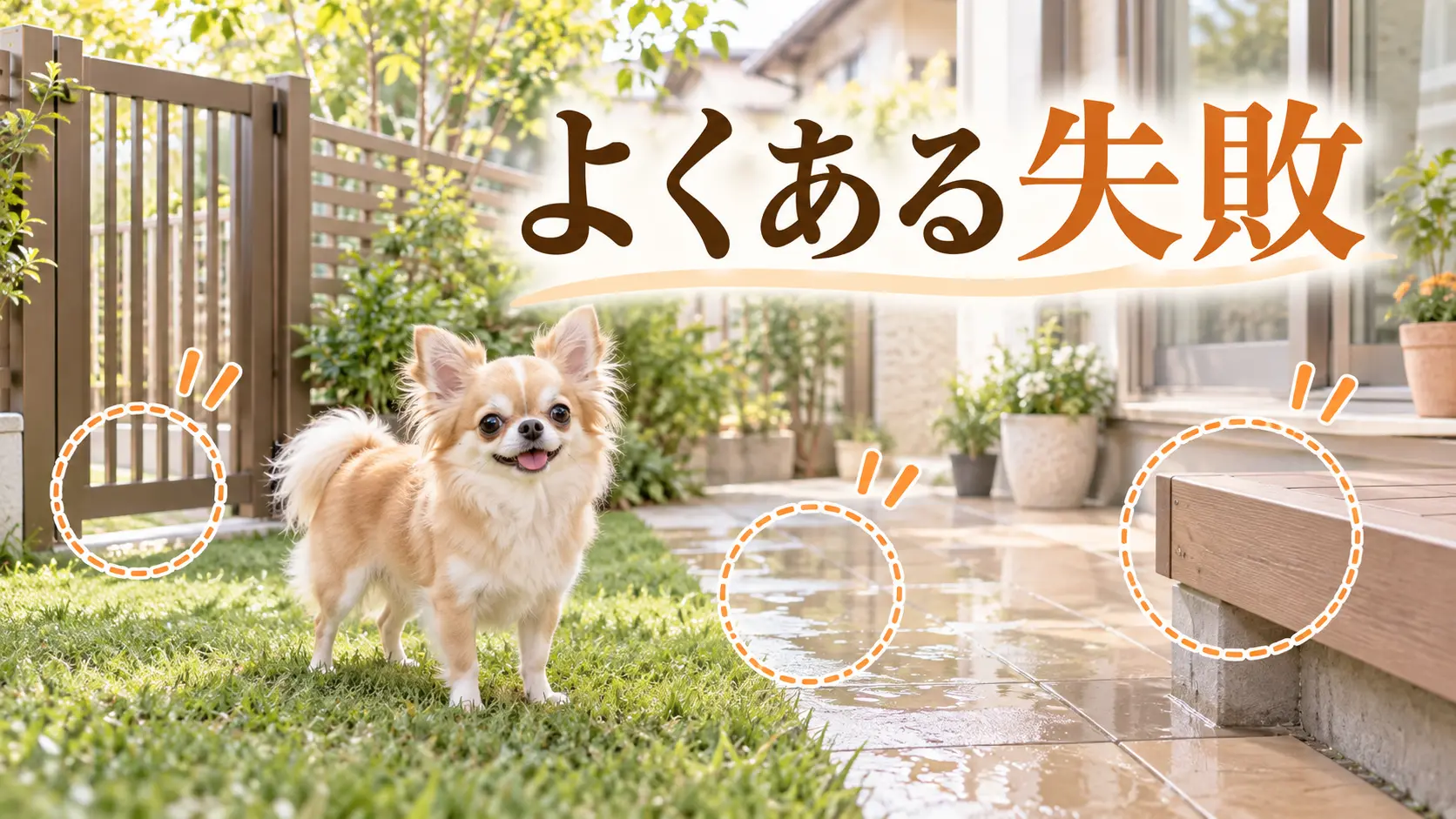 段差や濡れた床のある庭とチワワ