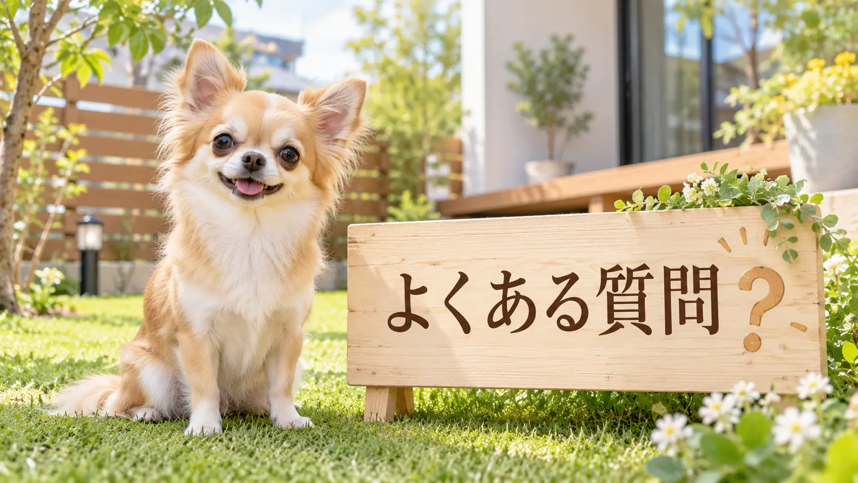 よくある質問の案内板のそばにいるチワワ