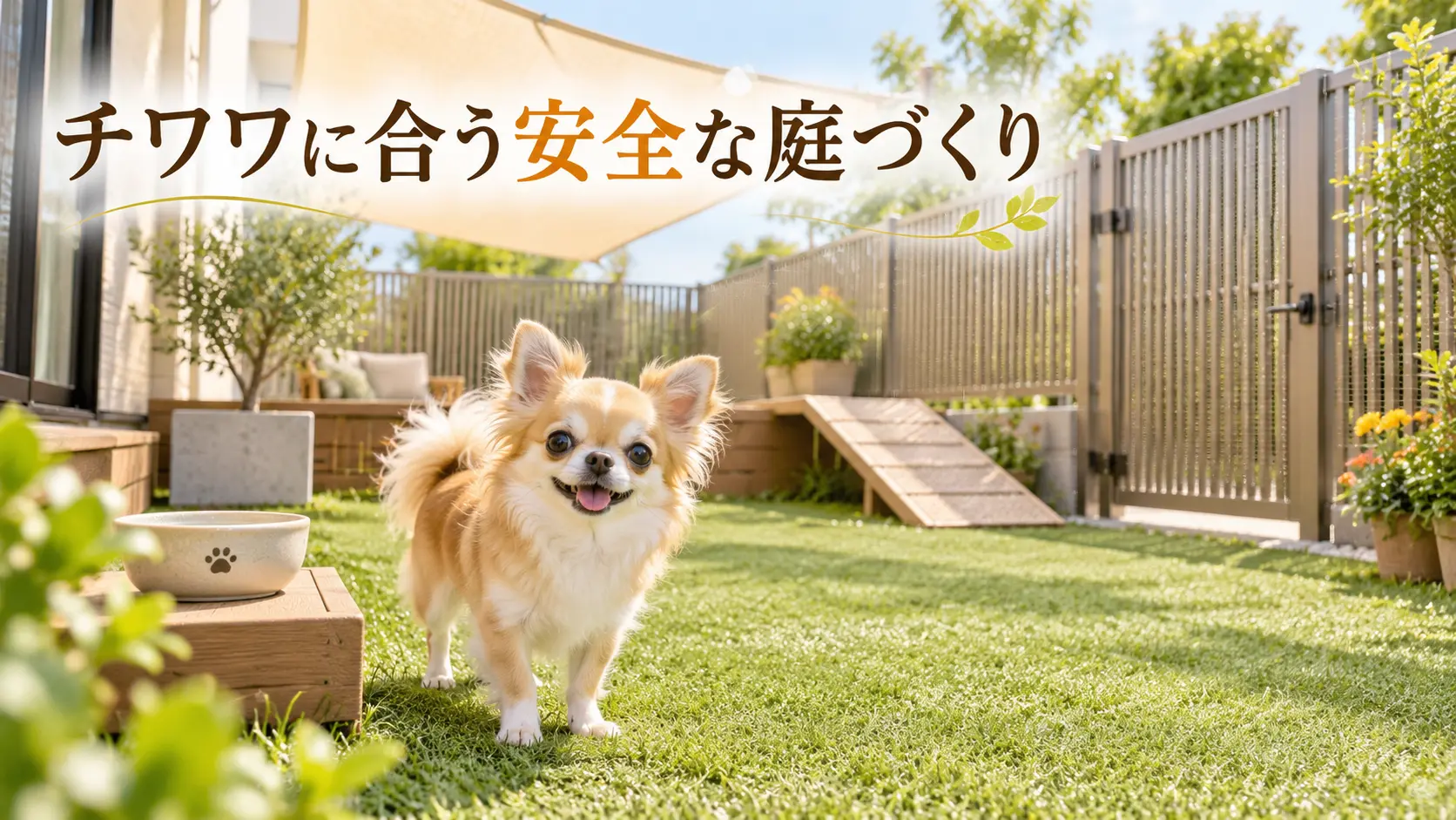 フェンスとスロープを備えた芝生の庭のチワワ