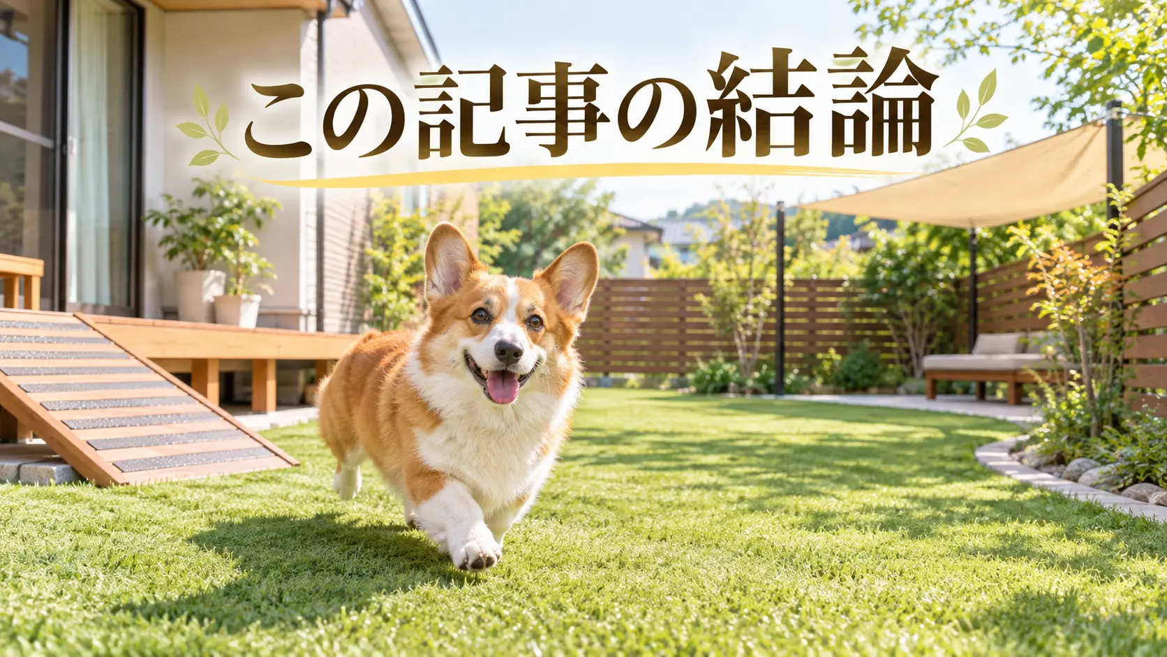 フェンスと日陰のある芝生の庭を走るコーギー