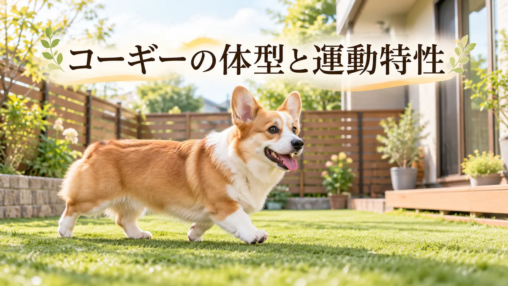 体高の低いコーギーが芝生の庭を歩く様子