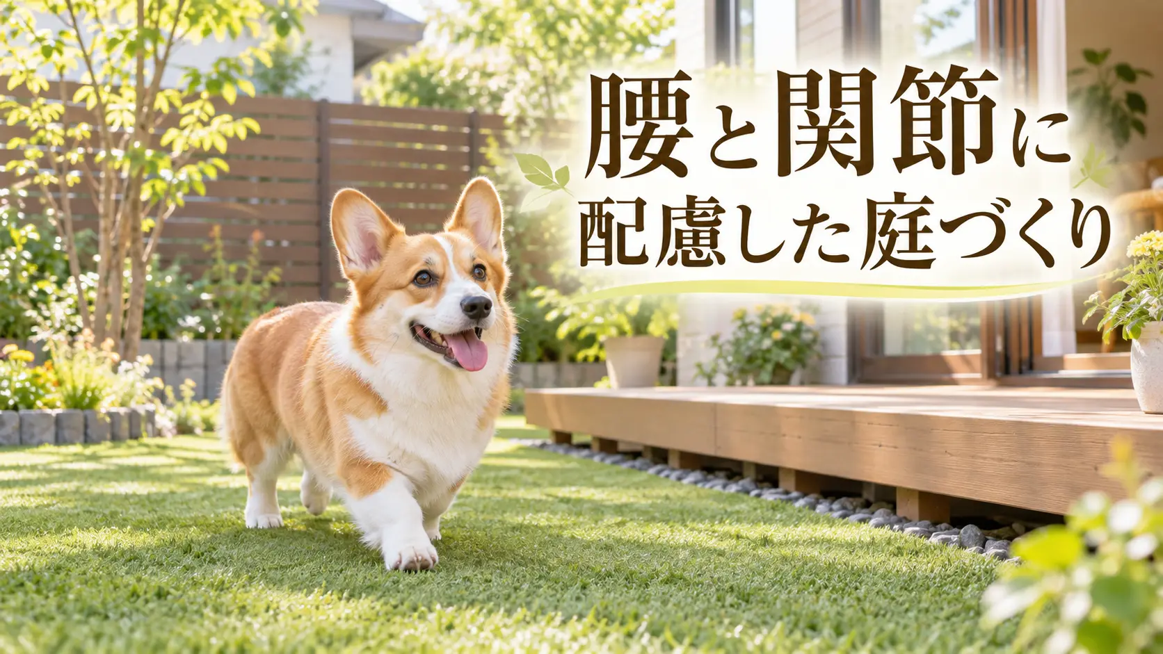 段差を抑えたデッキのそばにいるコーギー