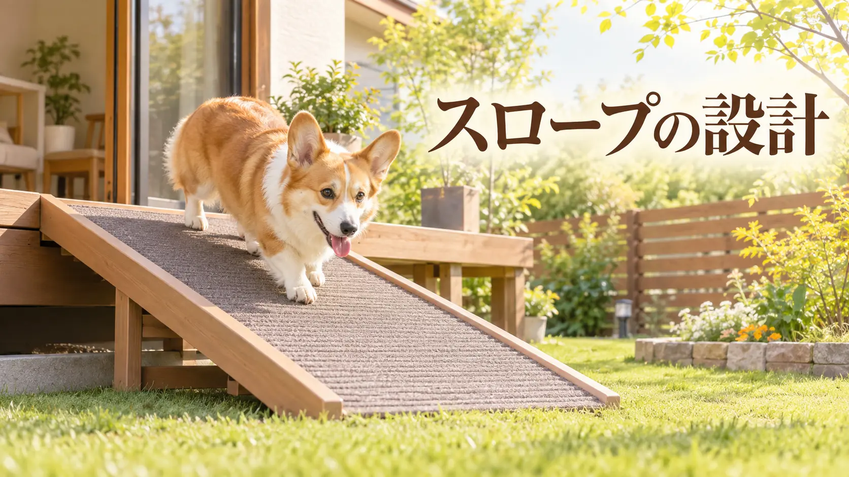 幅のあるスロープを歩いて庭へ降りるコーギー