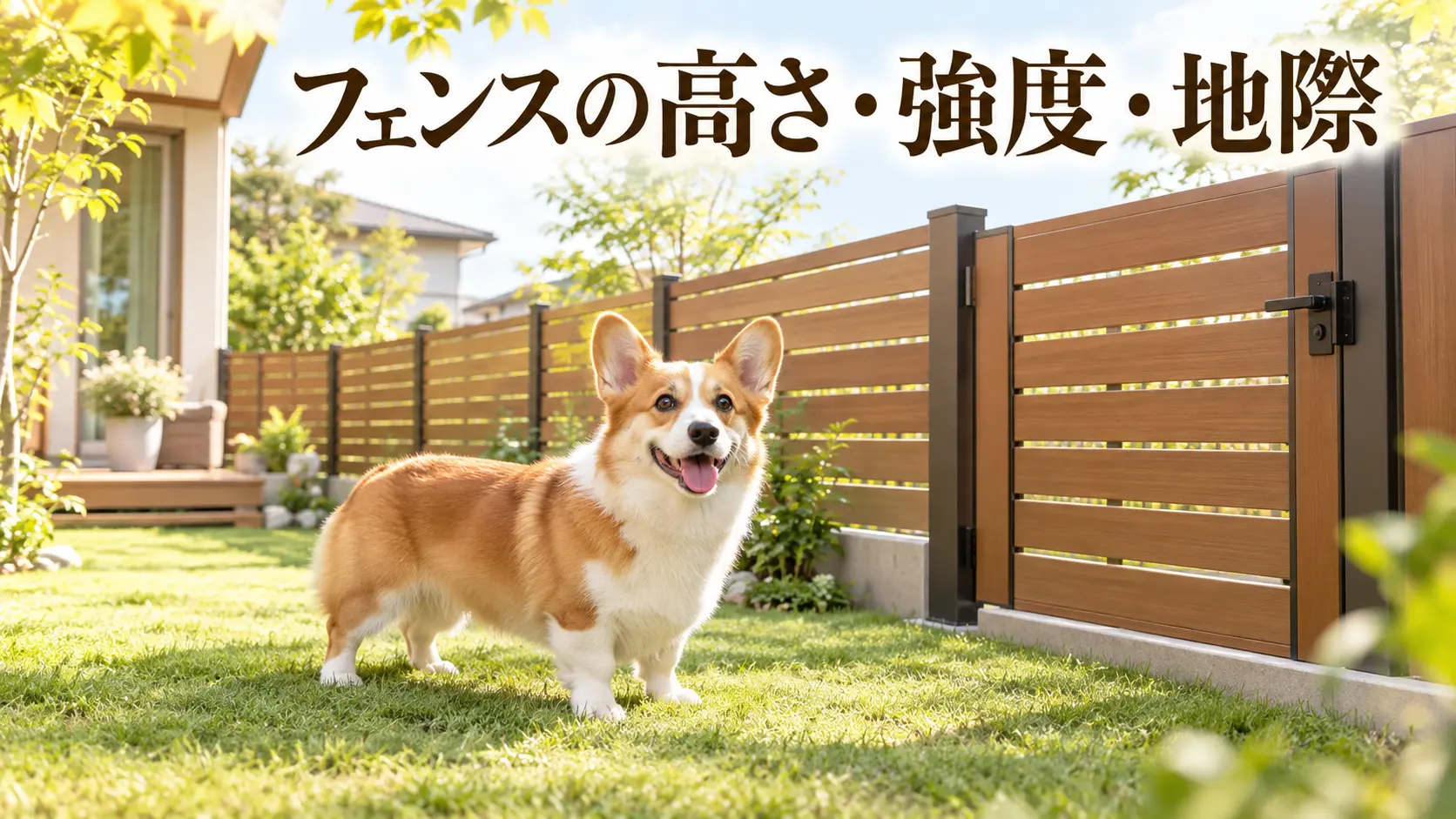 丈夫なフェンスと門扉のそばにいるコーギー