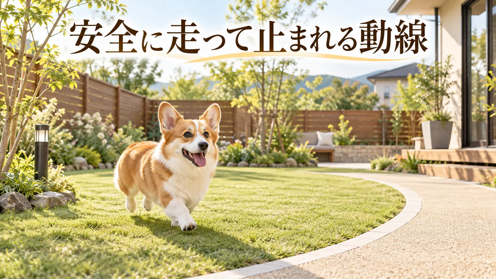 緩やかなカーブのある芝生の庭を走るコーギー