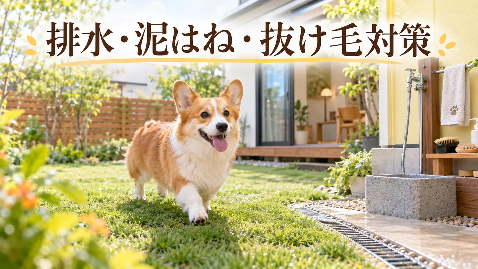 排水溝と足洗い場のある庭のコーギー
